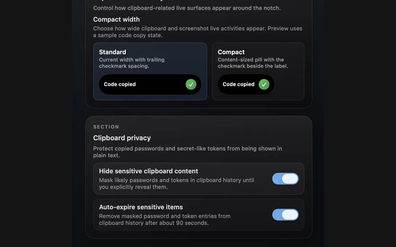 Aurora's Clipboard settings: a Compact width choice between Standard and Compact Code copied pills, and a Clipboard privacy section with two switches turned on, Hide sensitive clipboard content, which masks likely passwords and tokens until you reveal them, and Auto-expire sensitive items, which removes them after about 90 seconds