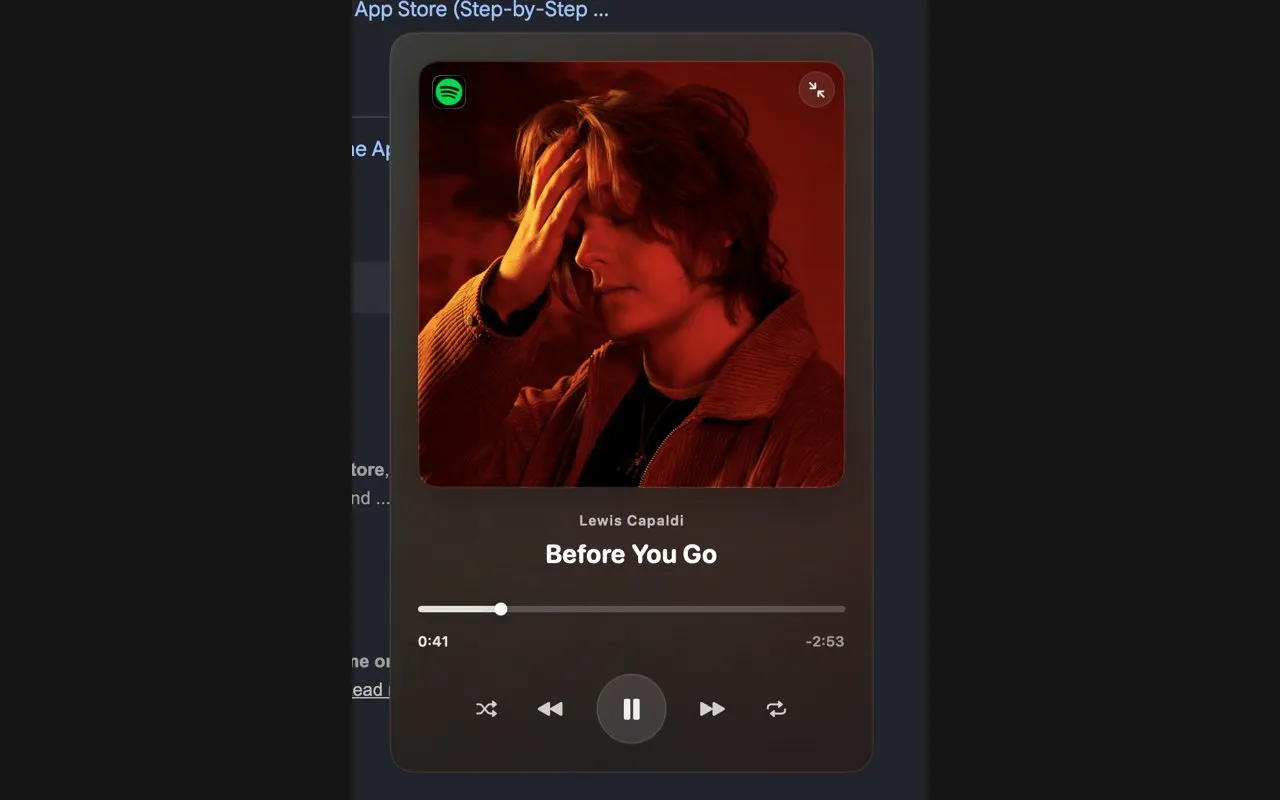 Aurora's expanded Now Playing view: large album art for Before You Go by Lewis Capaldi with a Spotify badge, a progress bar at 0:41 with 2:53 remaining, and shuffle, back, pause, forward and repeat buttons