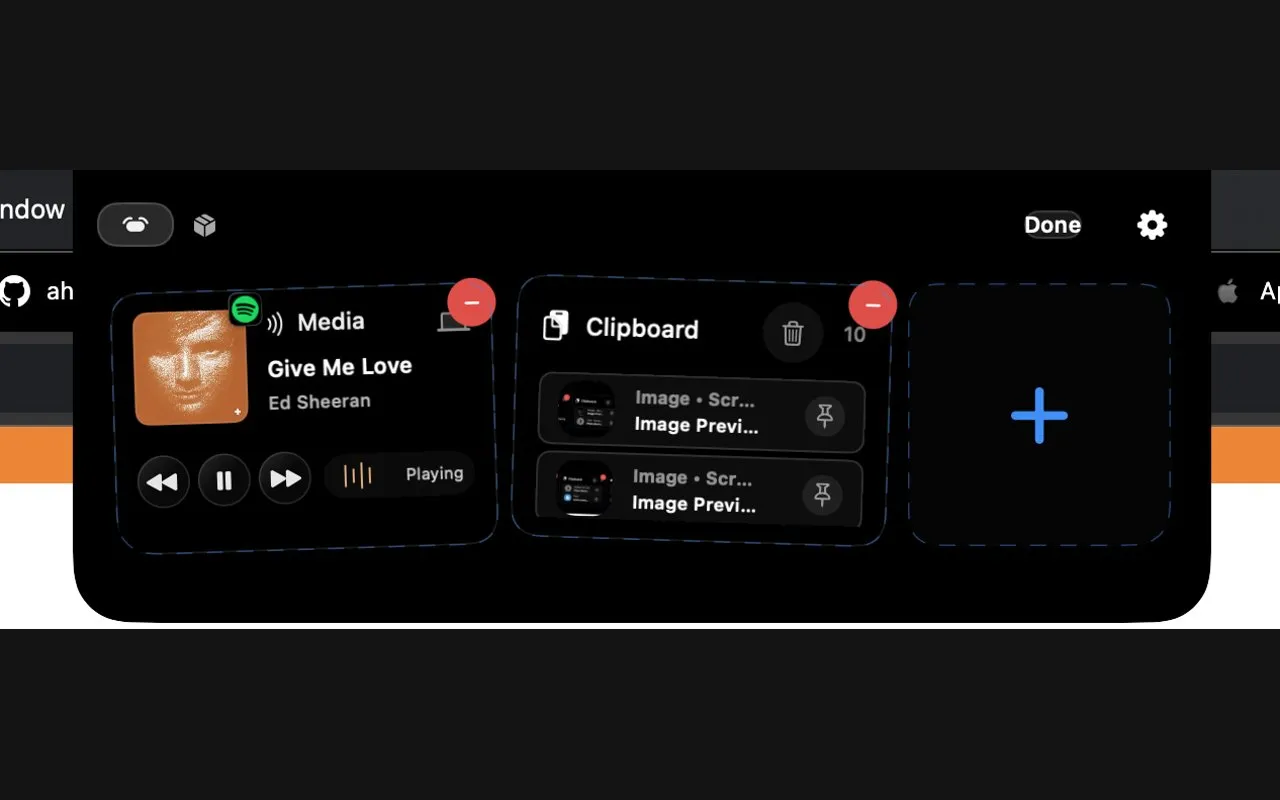 The Aurora panel open below the MacBook notch in edit mode: a Media widget playing Give Me Love by Ed Sheeran from Spotify with back, pause and forward buttons, a Clipboard widget holding 10 items with two image entries and pin buttons, and an empty slot with a plus sign for adding another widget