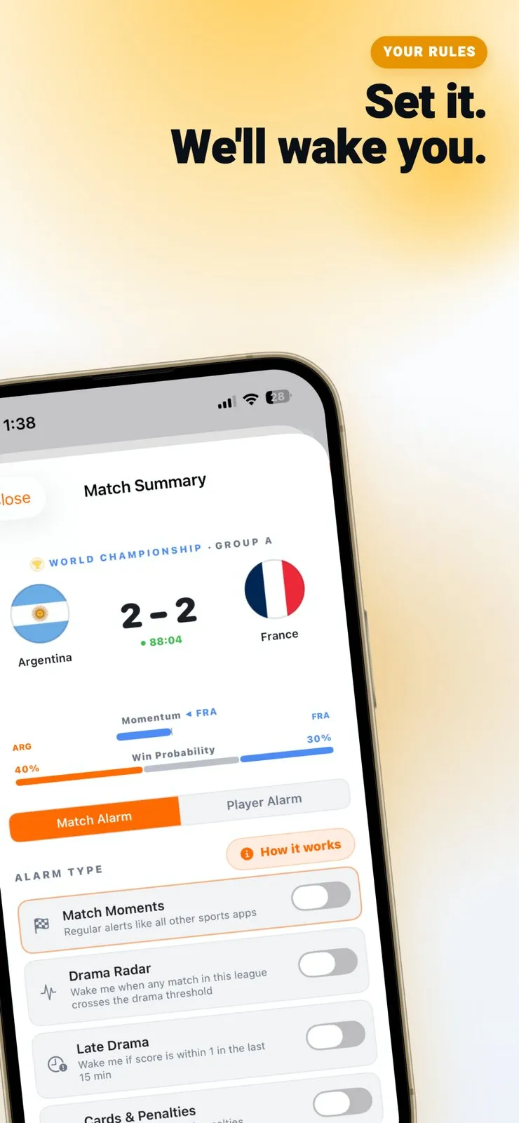 Clutch Alarm's Match Alarm tab on the same Argentina 2-2 France demo match, listing alarm types with toggles: Match Moments (regular alerts like all other sports apps), Drama Radar (wake me when any match in this league crosses the drama threshold), Late Drama (wake me if score is within 1 in the last 15 min) and Cards and Penalties.