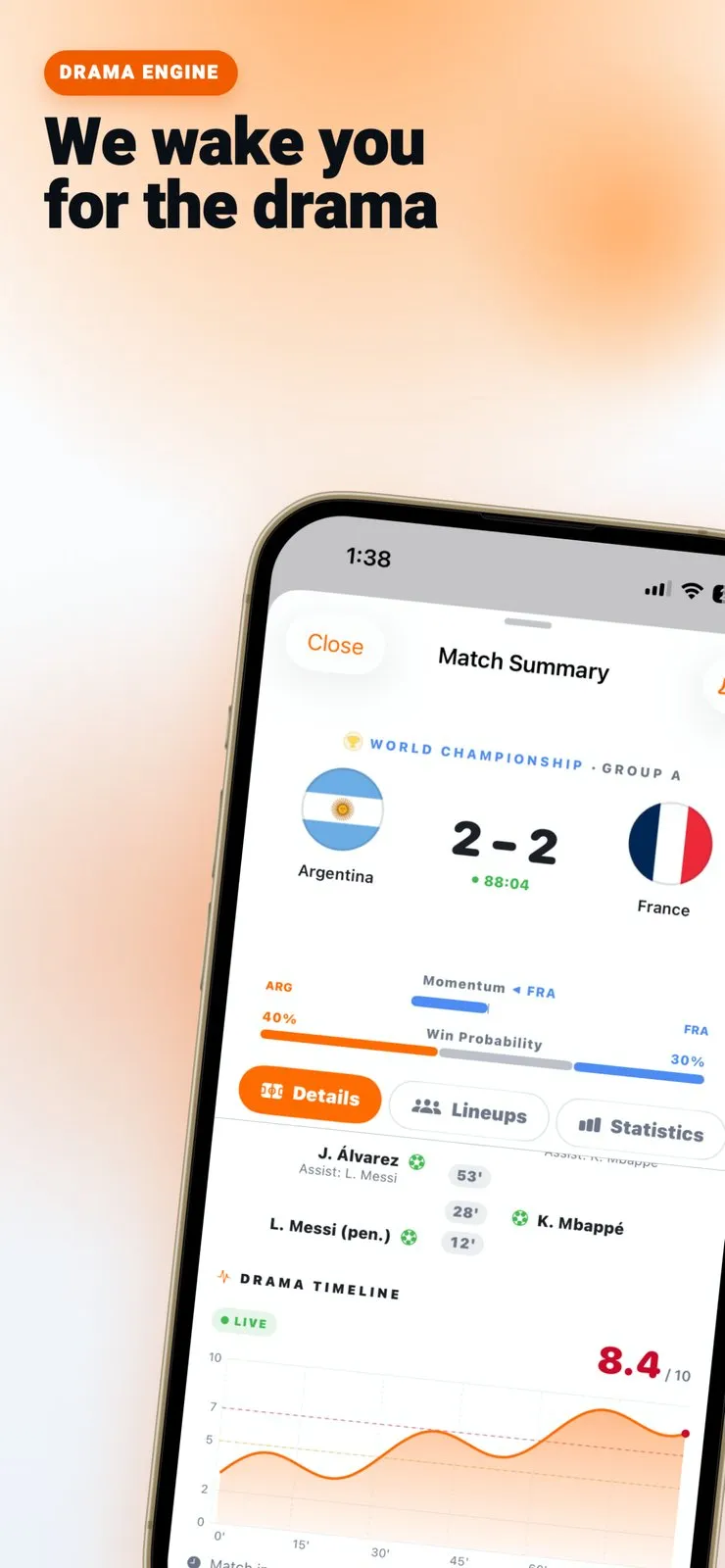 Clutch Alarm's Match Summary for a World Championship group game, Argentina 2-2 France at 88:04, with momentum and win probability bars (Argentina 40%, France 30%), the goal scorers, and a live Drama Timeline chart reading 8.4 out of 10 above a dashed threshold line.