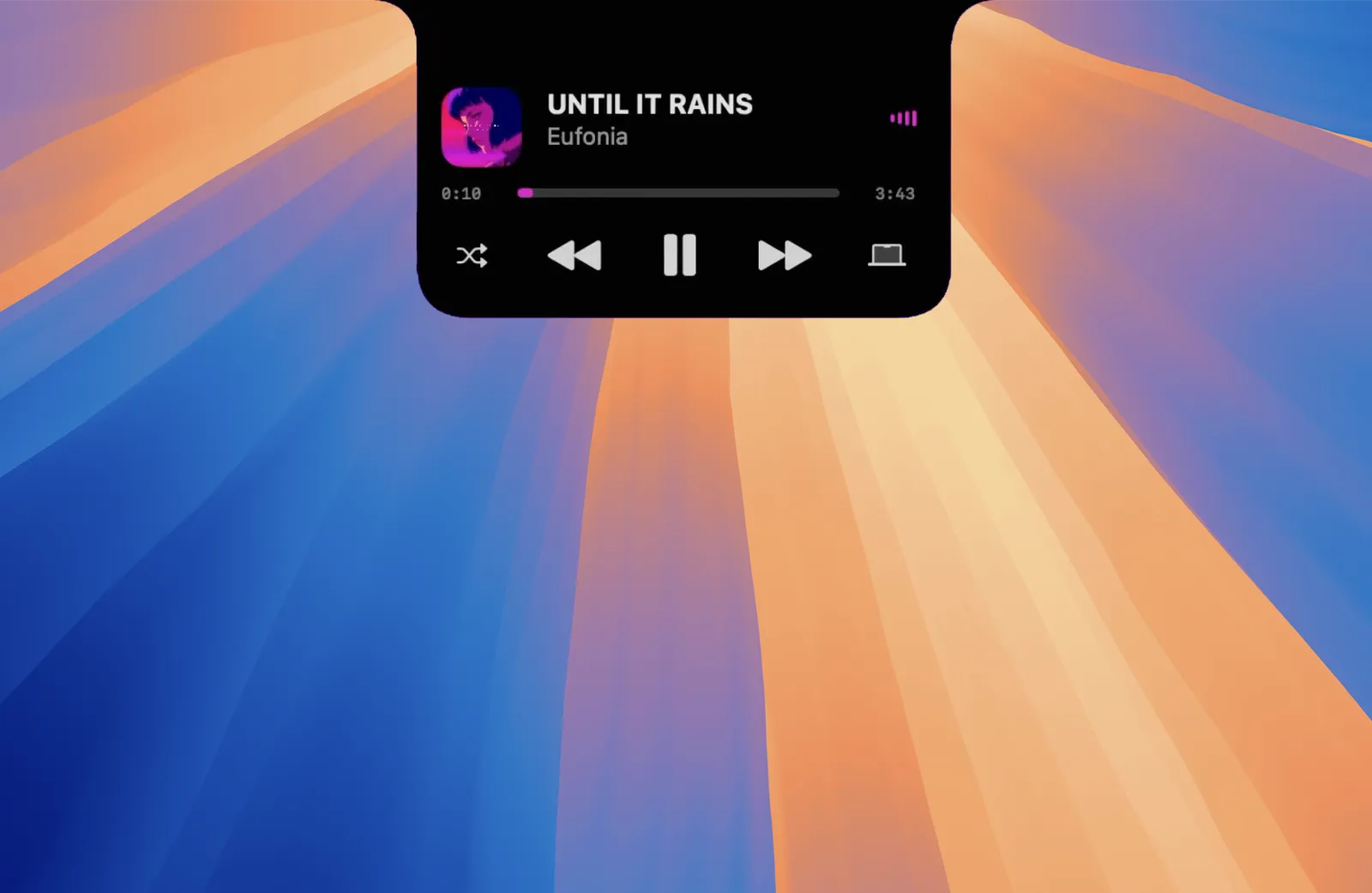 The MacBook notch expanded into a black rounded panel showing the track Until It Rains by Eufonia with album art, a progress bar at 0:10 of 3:43, and shuffle, previous, pause, next and output-device buttons, over a blue and orange macOS wallpaper.