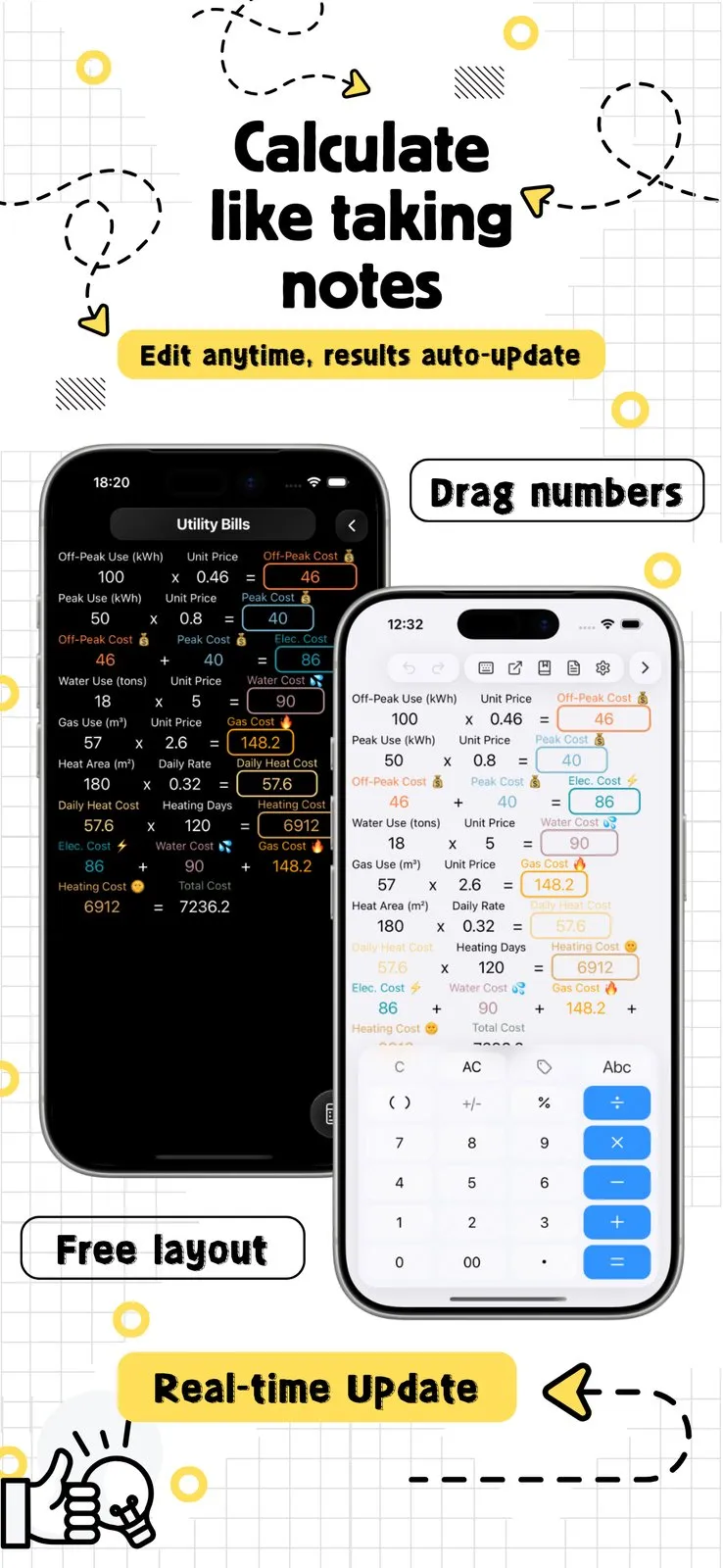 Two iPhones showing a FlexiCalc page called Utility Bills in dark and light themes: off-peak use 100 kWh times 0.46 equals 46, peak use 50 times 0.8 equals 40, water, gas and heating lines, labelled results such as Elec. Cost 86 and Gas Cost 148.2 feeding a Total Cost of 7236.2, with a calculator keypad below and captions reading Drag numbers, Free layout and Real-time Update
