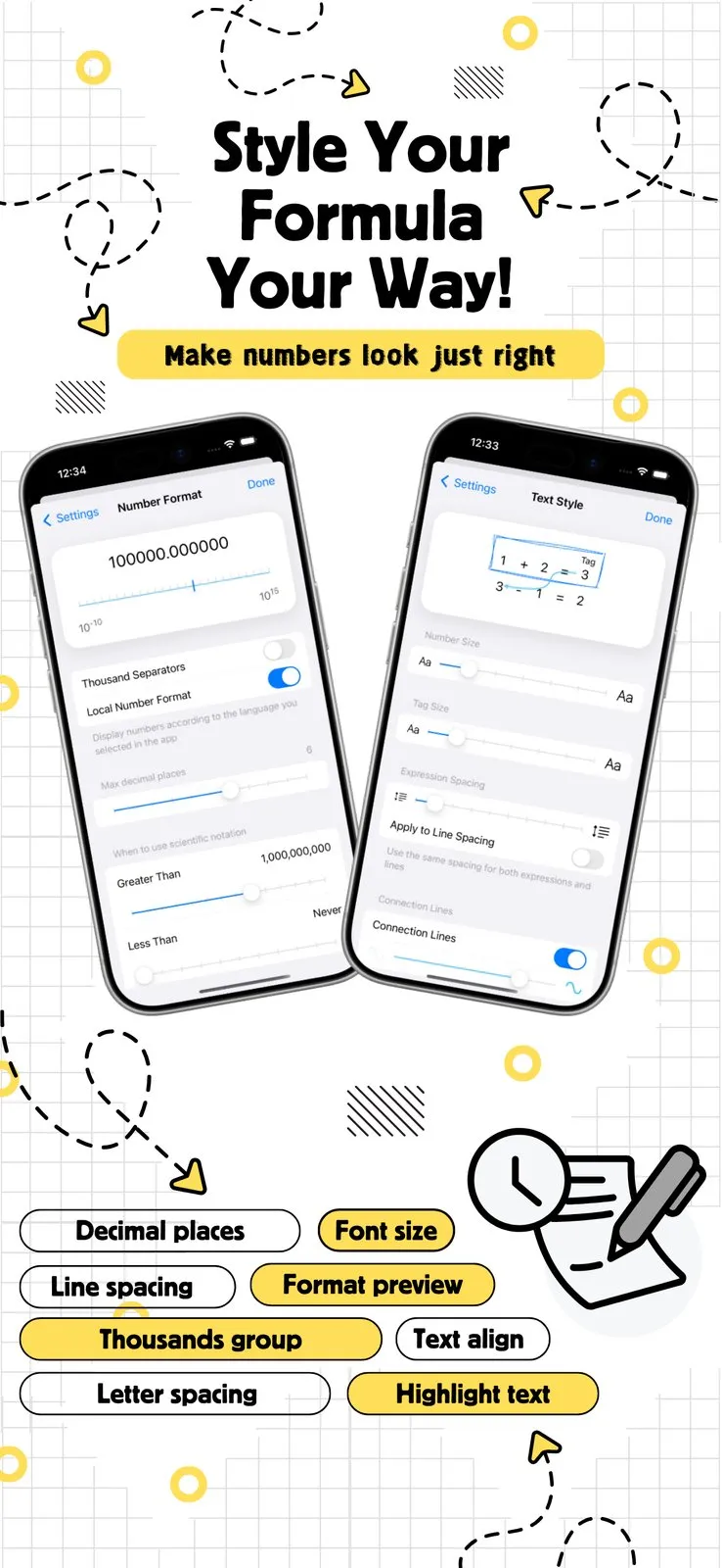 Two iPhones showing FlexiCalc settings: Number Format with a decimal-places slider, thousands separators and a scientific notation threshold of 1,000,000,000, and Text Style with number size, tag size, expression spacing and a Connection Lines toggle