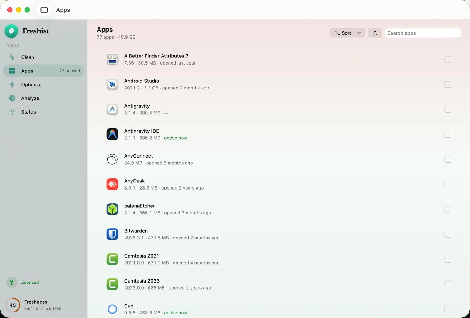 The Freshist Apps tool listing 77 apps using 45.9 GB, sorted alphabetically with a search field, each row showing the app icon, version, size and when it was last opened, such as Android Studio 2.1 GB opened 2 months ago and AnyDesk opened 2 years ago, with a checkbox per row