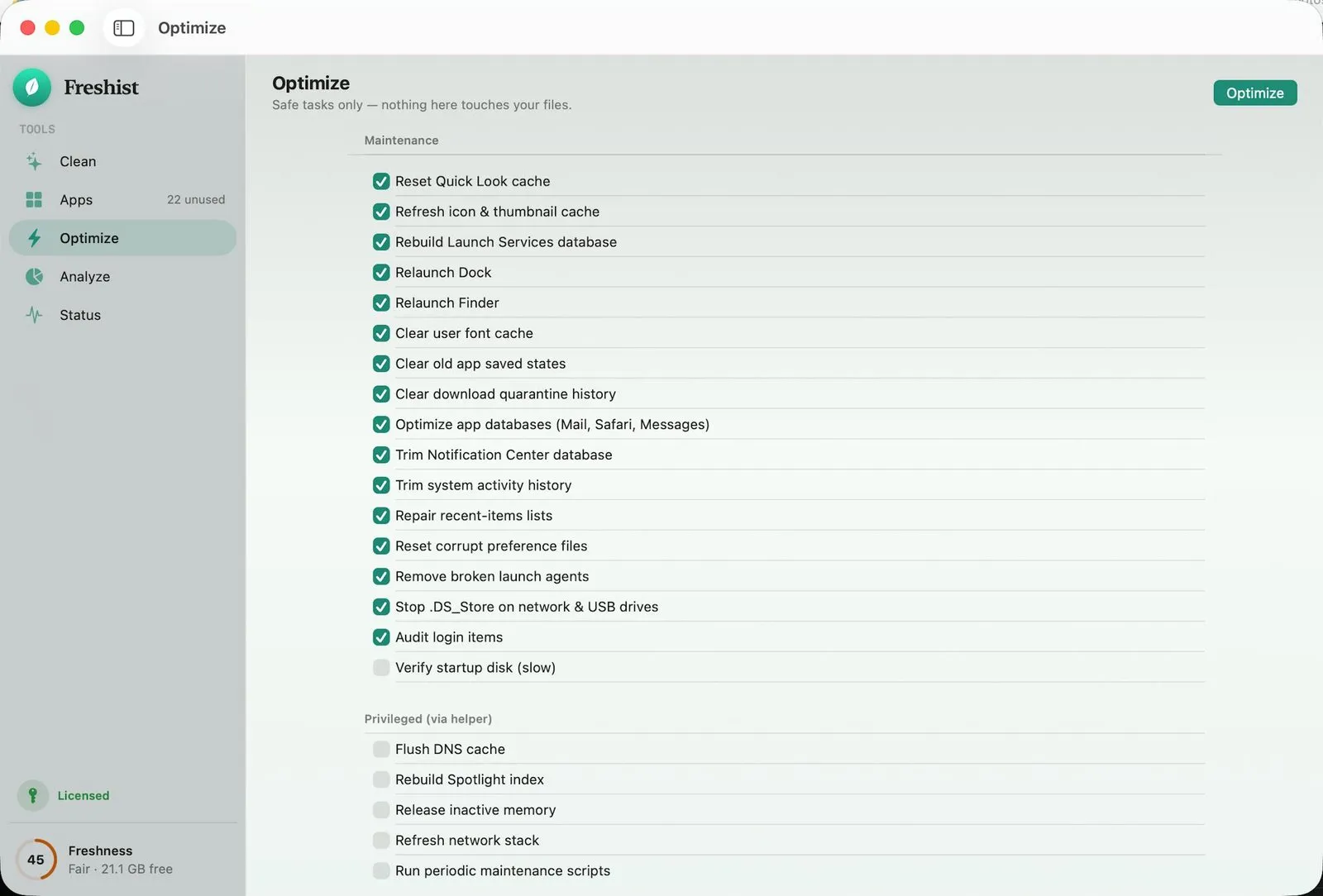 The Freshist Optimize tool headed Safe tasks only, nothing here touches your files, with ticked maintenance tasks such as Reset Quick Look cache, Rebuild Launch Services database, Relaunch Dock, Clear user font cache, Trim Notification Center database and Remove broken launch agents, an unticked Verify startup disk, and an unticked Privileged section with Flush DNS cache, Rebuild Spotlight index, Release inactive memory and Run periodic maintenance scripts