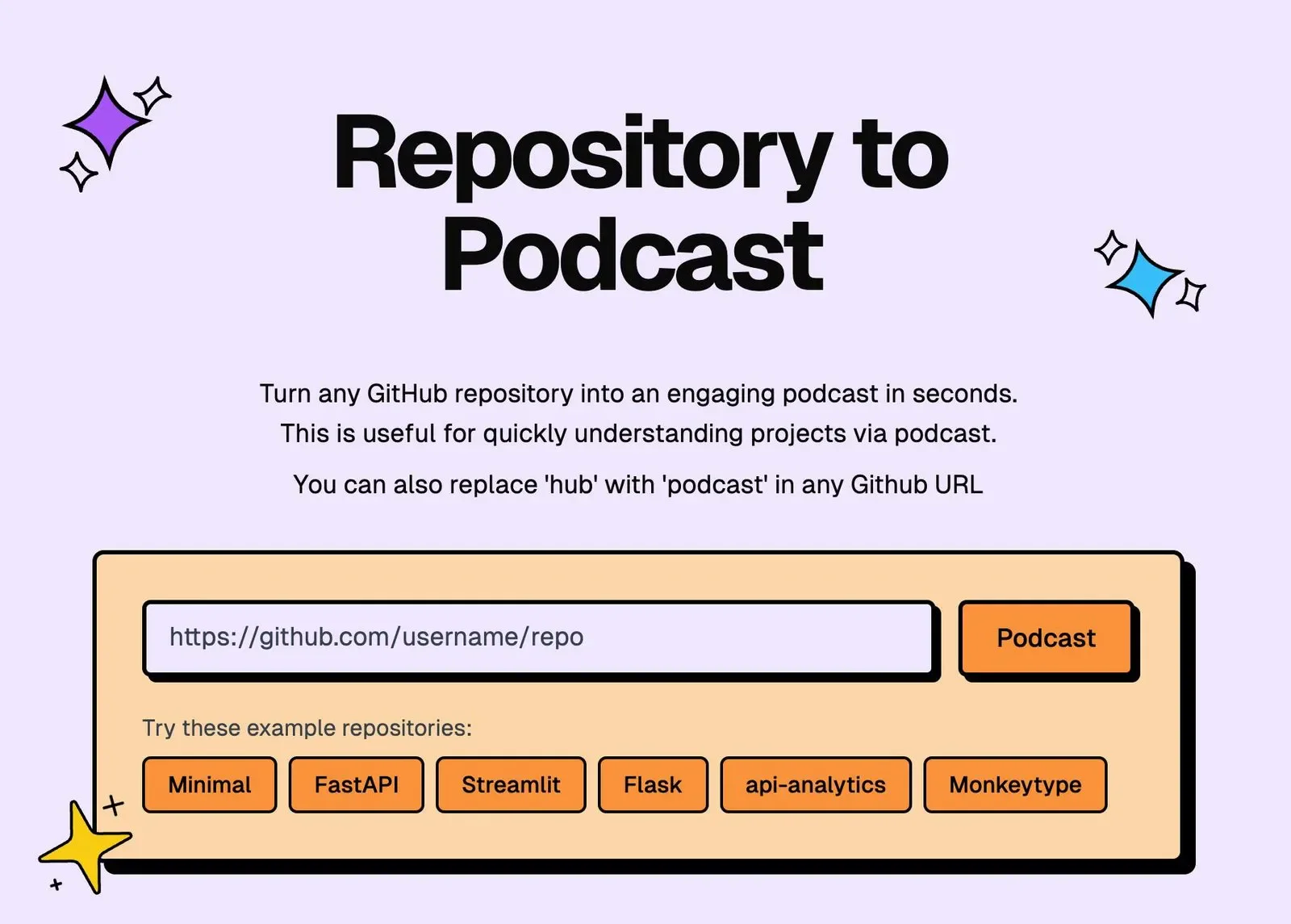 The GitPodcast homepage titled Repository to Podcast, with the line Turn any GitHub repository into an engaging podcast in seconds and a note that you can replace hub with podcast in any GitHub URL, an input box for a repo link with a Podcast button, and example repositories including Minimal, FastAPI, Streamlit, Flask, api-analytics, and Monkeytype