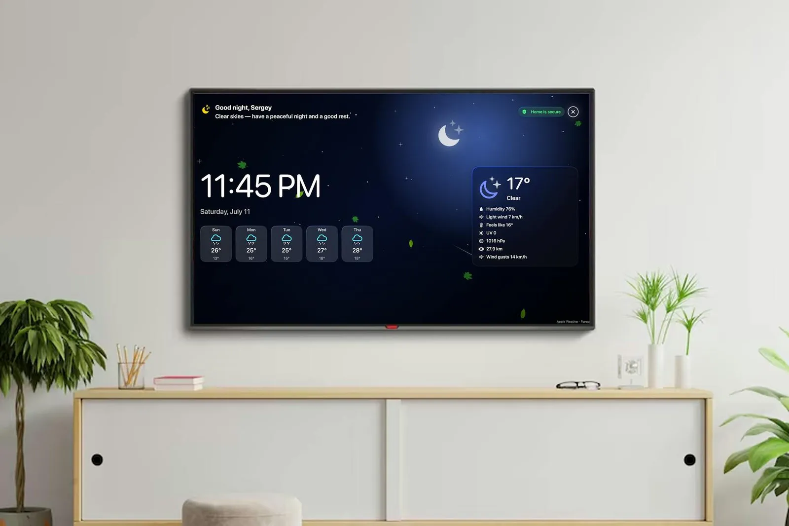 HomeDeck Ambient mode on a TV at night: a greeting reading Good night, Sergey, with a clear-skies note, a large 11:45 PM clock for Saturday, July 11, a five-day forecast row from Sunday to Thursday, a weather card reading 17 degrees and clear with humidity, wind, UV, pressure and visibility, and a green Home is secure badge