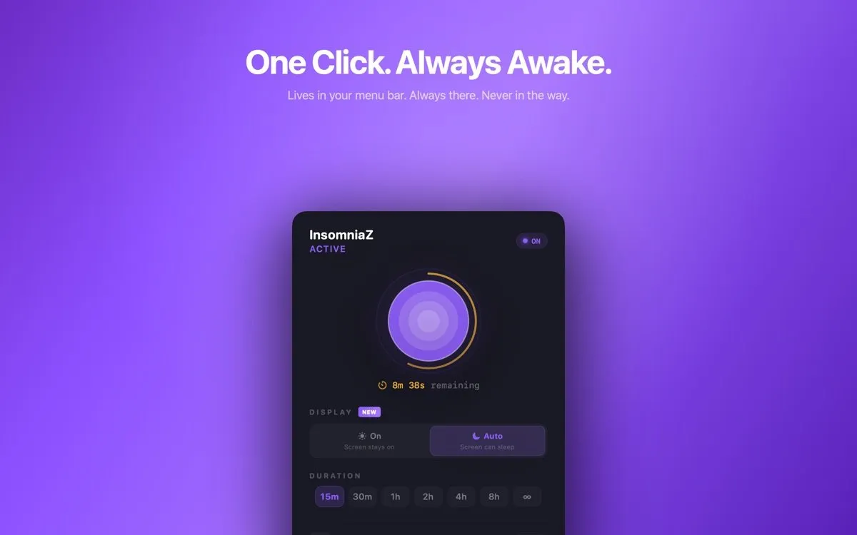 InsomniaZ menu-bar popover marked Active and On, with a purple concentric-circle ring showing 8m 38s remaining, a Display switch set to Auto, and duration chips for 15m, 30m, 1h, 2h, 4h, 8h and infinity, under the headline One Click. Always Awake.