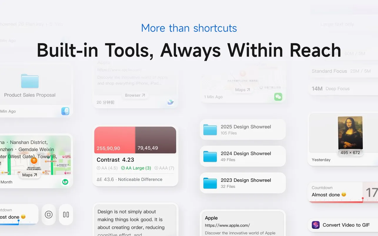 A grid of Invoke tool cards under the heading Built-in Tools, Always Within Reach: copied folders, links, a map snippet, a color contrast card reading Contrast 4.23, text snippets, an image, focus timer presets and a countdown