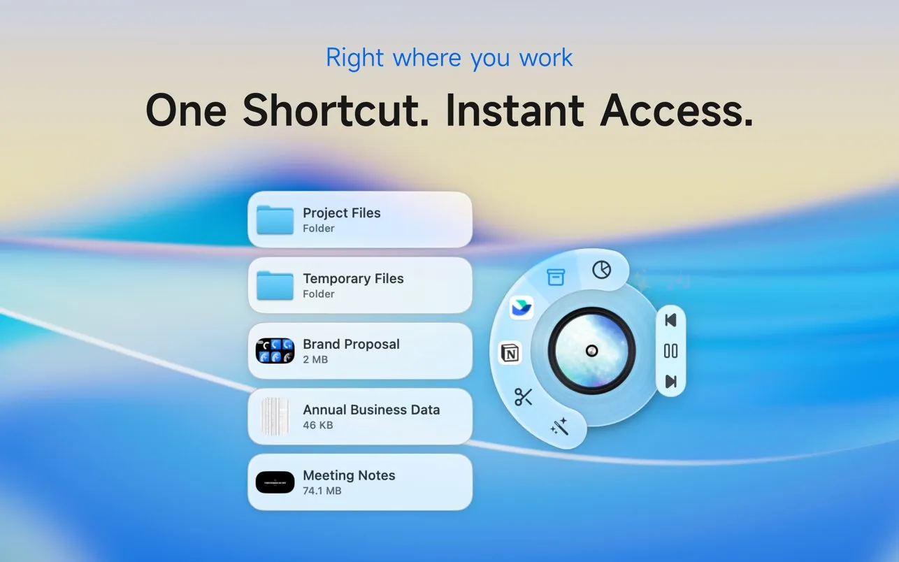 An Invoke radial menu with app icons, a scissors and a magic wand icon around a spinning record in the center, music controls on the right edge, and a submenu of five files and folders expanded to the left