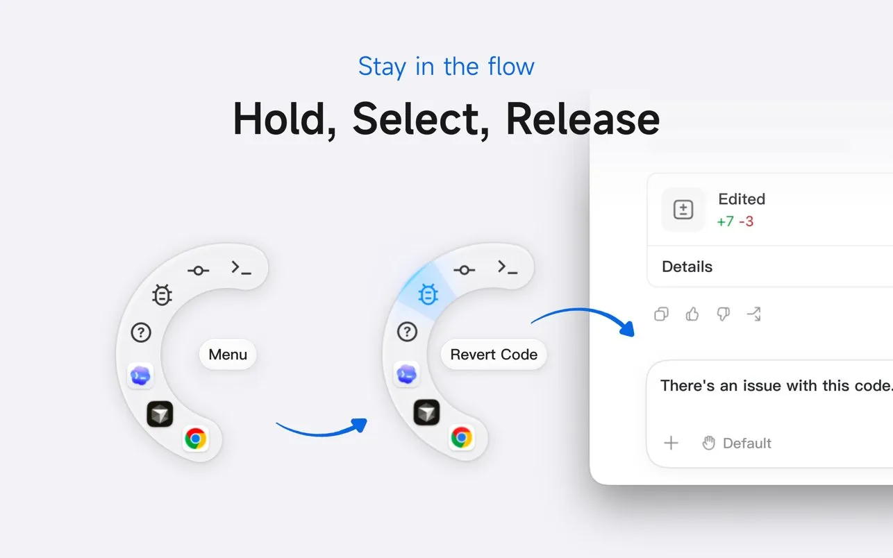 Two Invoke radial menus side by side under the heading Hold, Select, Release: the first ring is labelled Menu, the second highlights a bug icon labelled Revert Code, and an arrow points to a code editor panel