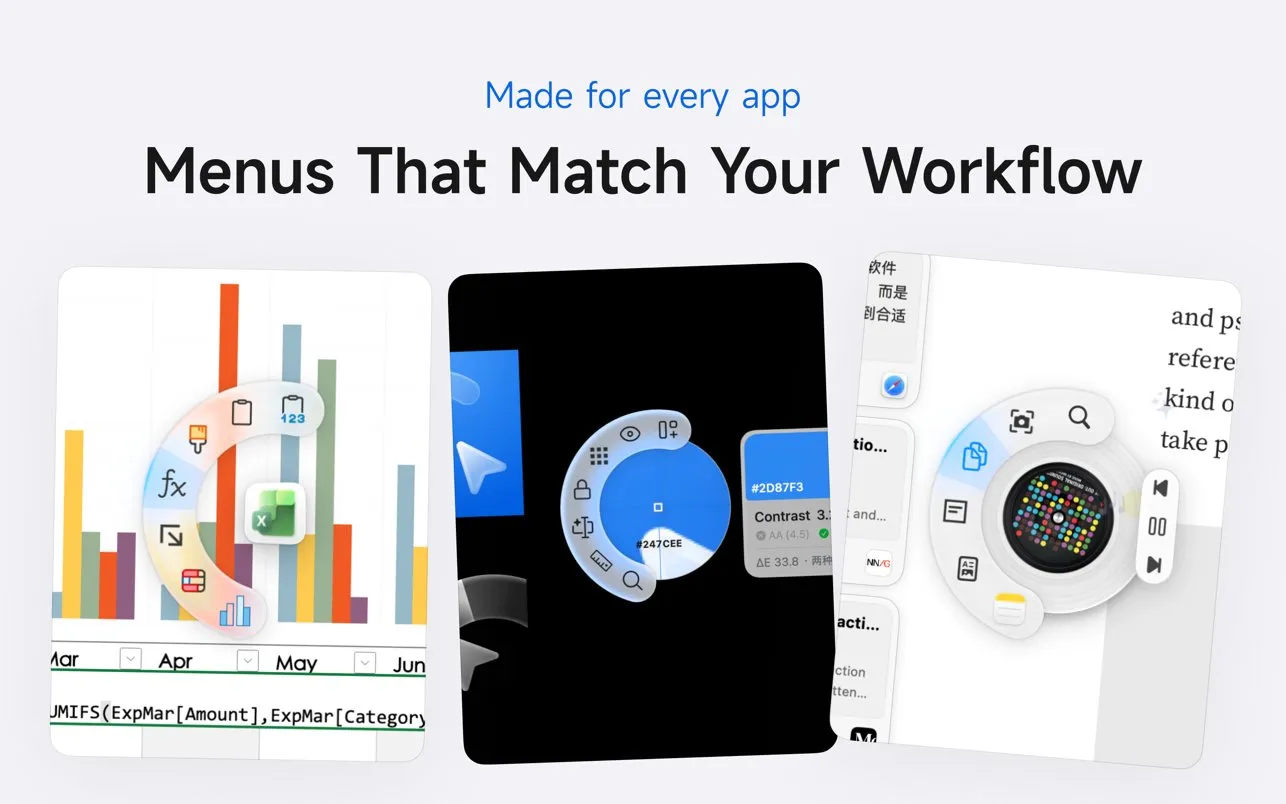 Three Invoke radial menus under the heading Menus That Match Your Workflow: one over an Excel chart with formula and chart icons, one over a dark design canvas with a color readout of #2D87F3 and a contrast score, and one over a document with copy, search and screenshot icons