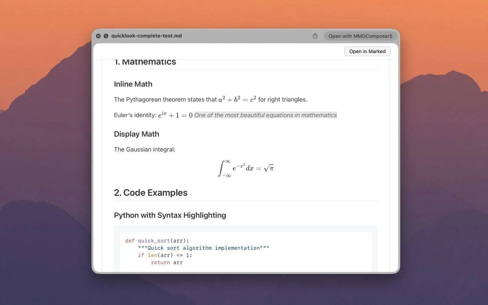 A Quick Look window for quicklook-complete-test.md showing rendered inline math for the Pythagorean theorem and Euler's identity, a display equation for the Gaussian integral, and a syntax-highlighted Python quick sort, with an Open in Marked button at the top right