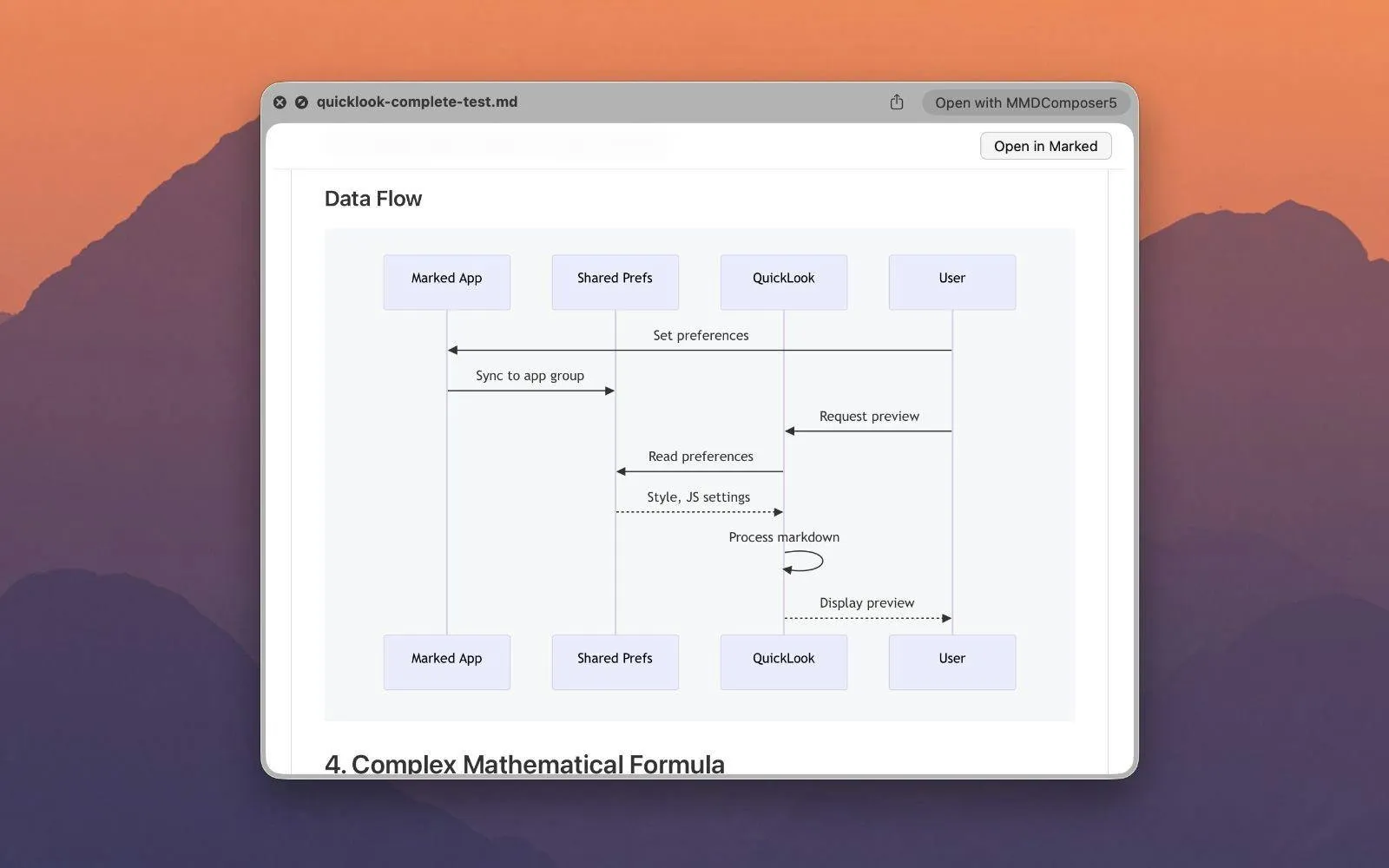 A Quick Look window showing a rendered Mermaid sequence diagram titled Data Flow, with lifelines for Marked App, Shared Prefs, QuickLook and User and arrows for set preferences, request preview, read preferences and display preview