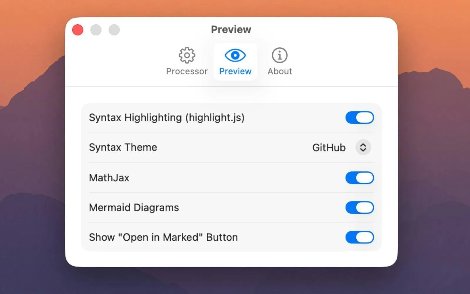 Marked QL's Preview settings pane with switches for Syntax Highlighting (highlight.js), MathJax, Mermaid Diagrams and Show Open in Marked Button all on, and the syntax theme set to GitHub