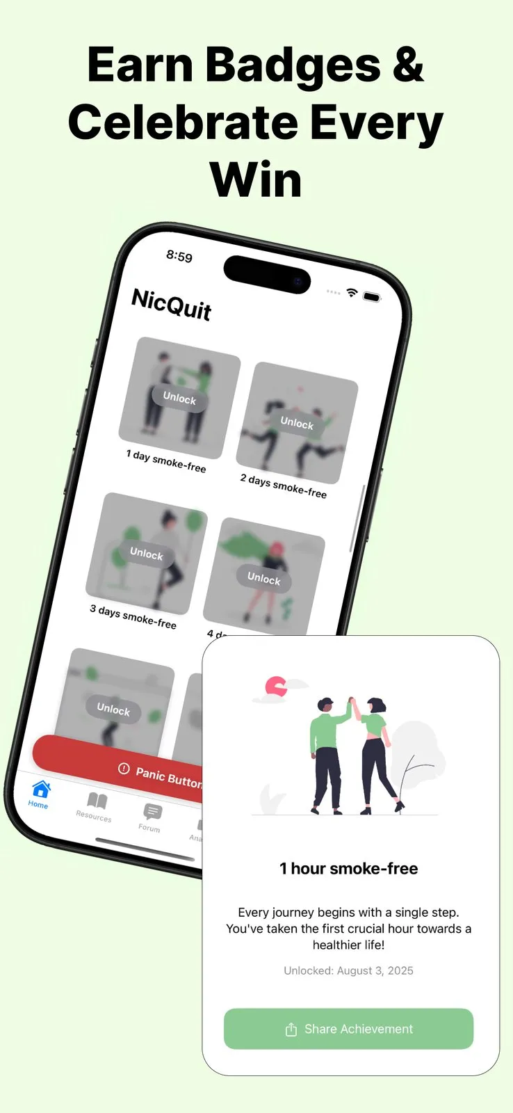 NicQuit's badge grid with locked badges for 1, 2, 3 and 4 days smoke-free, and an unlocked 1 hour smoke-free badge card with an illustration of two people high-fiving and a Share Achievement button