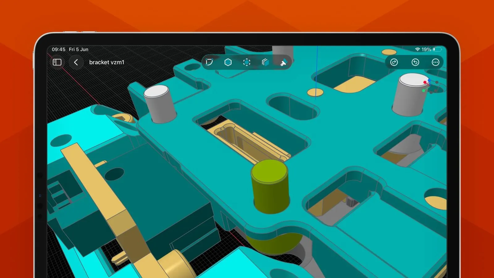 PixyCAD on an iPad showing a detailed teal bracket model named bracket vzm1, with cut-out pockets, rounded slots and cylindrical pins, and the sketch, solid, transform and export tools in a floating toolbar at the top