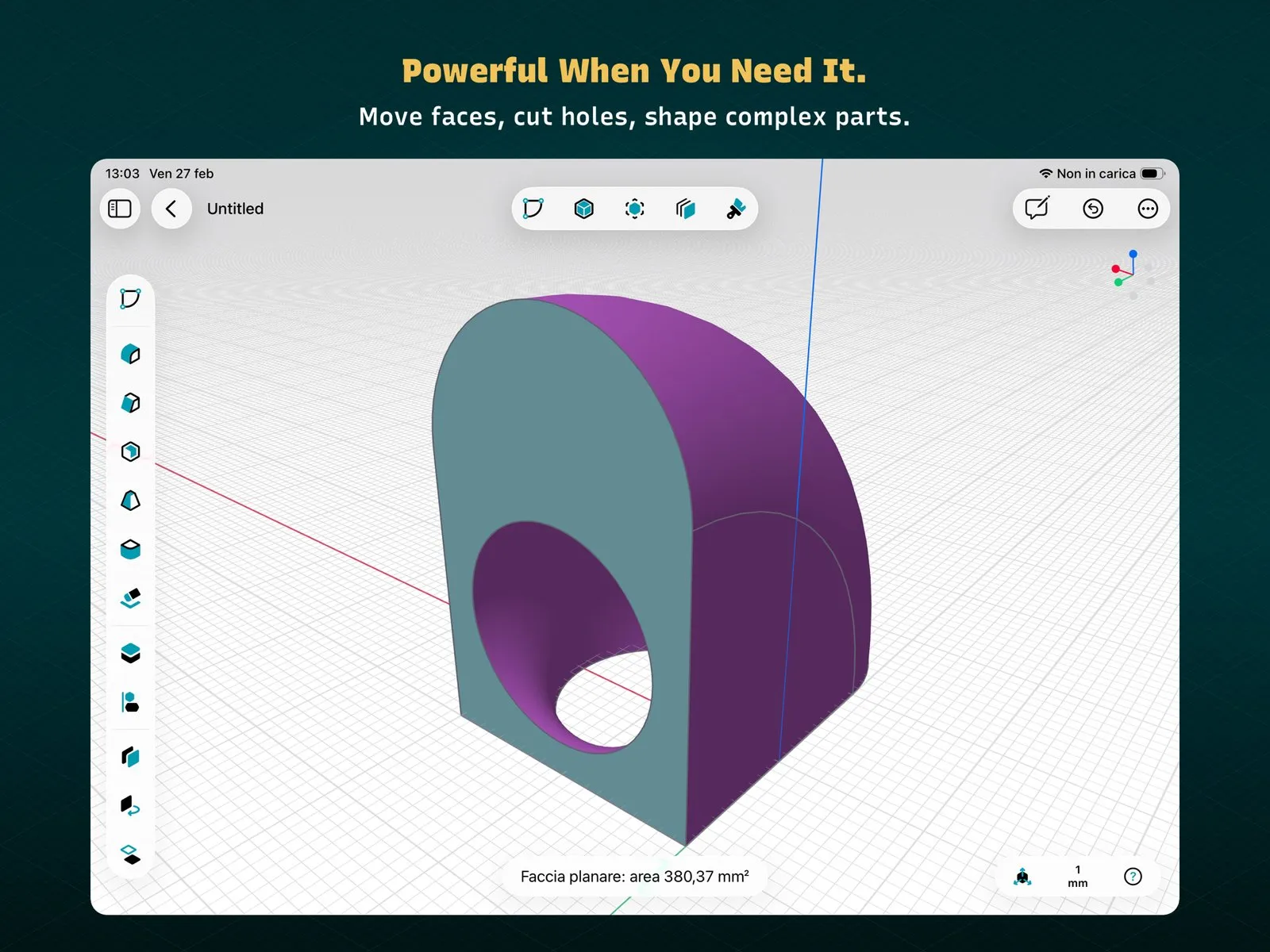 A PixyCAD part with a flat grey-blue face and a purple curved body, a tapered hole cut through it, a vertical toolbar of solid tools, and a status label reading the planar face area as 380.37 square millimetres
