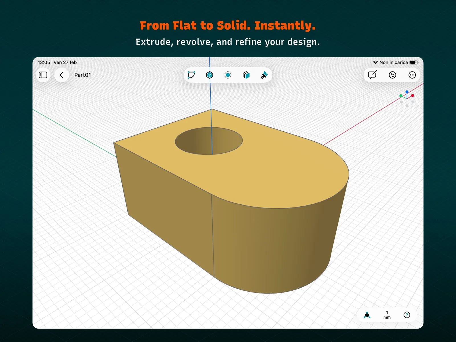 The same profile extruded in PixyCAD into a solid tan block with one rounded end and a round hole through the top