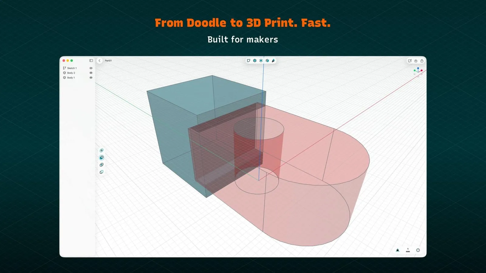 PixyCAD in a Mac window: a translucent blue box overlapping a translucent red rounded body for a boolean operation, with a sidebar listing Sketch 1, Body 2 and Body 1