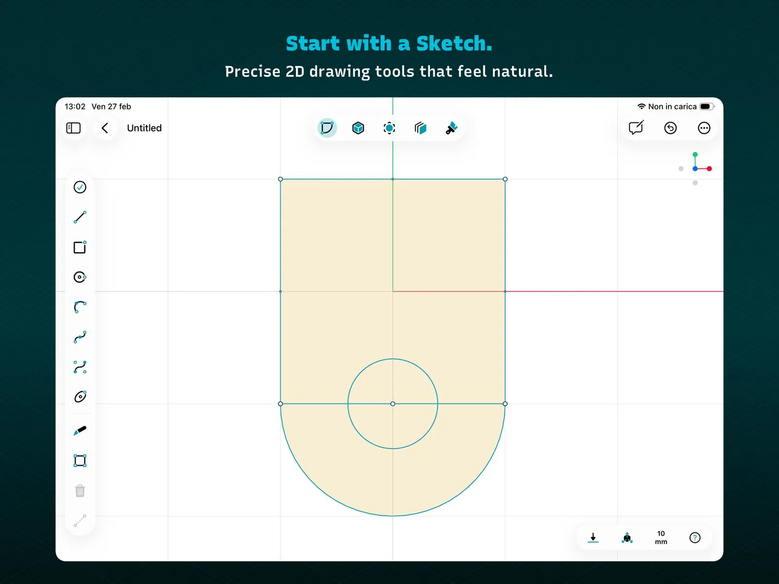 PixyCAD sketch mode on iPad: a 2D profile of a rectangle with a rounded bottom and a centered circle drawn on a grid, with line, rectangle, circle, arc and spline tools in a vertical toolbar on the left