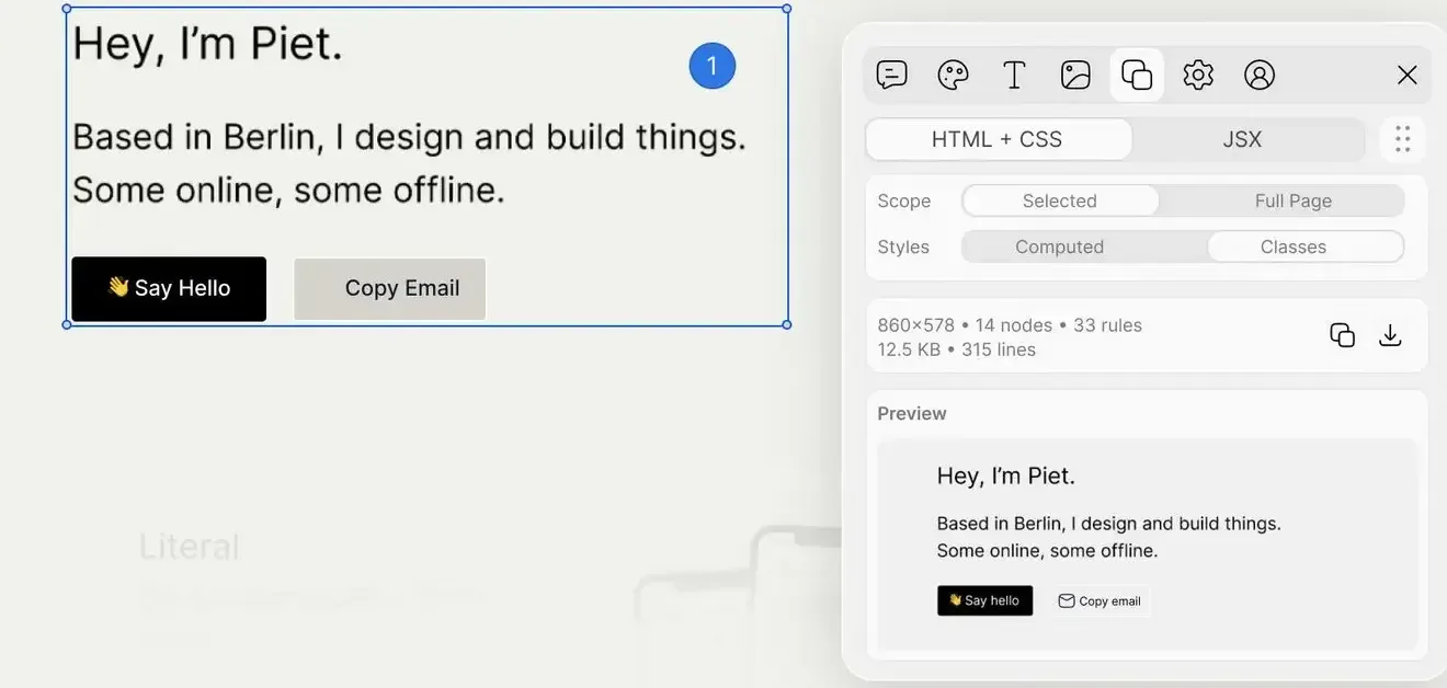 The Qursor copy panel next to a selected page section: tabs for HTML + CSS and JSX, a Scope toggle for Selected or Full Page, a Styles toggle for Computed or Classes, a readout of 860 by 578 pixels, 14 nodes, 33 rules, 12.5 KB, 315 lines, copy and download buttons, and a live preview of the captured section