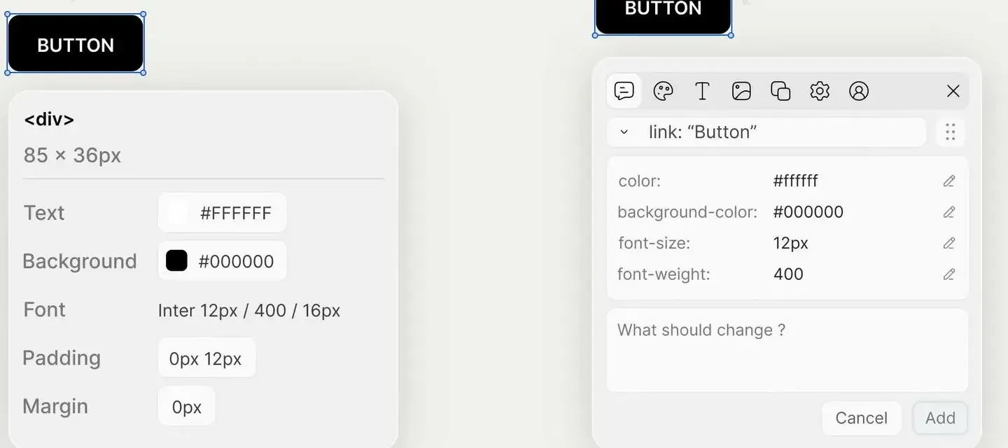 The Qursor extension inspecting a black BUTTON element on a page: a panel reads the div at 85 by 36 pixels with Text #FFFFFF, Background #000000, Font Inter 12px, padding and margin, and a second popover lets you edit color, background-color, font-size, and font-weight and write what should change