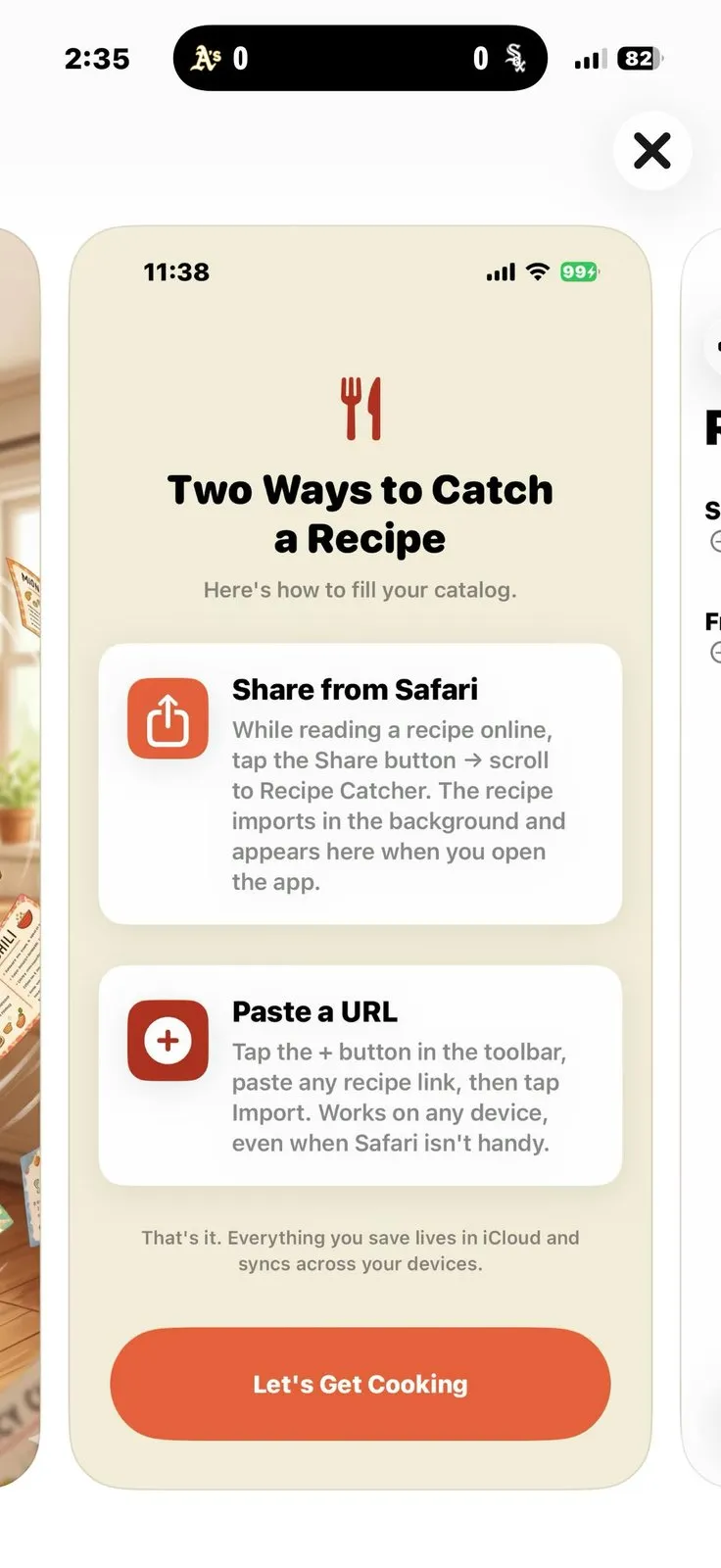 Recipe Catcher onboarding screen titled Two Ways to Catch a Recipe, showing Share from Safari and Paste a URL as the two import methods, with a note that everything lives in iCloud and syncs across your devices