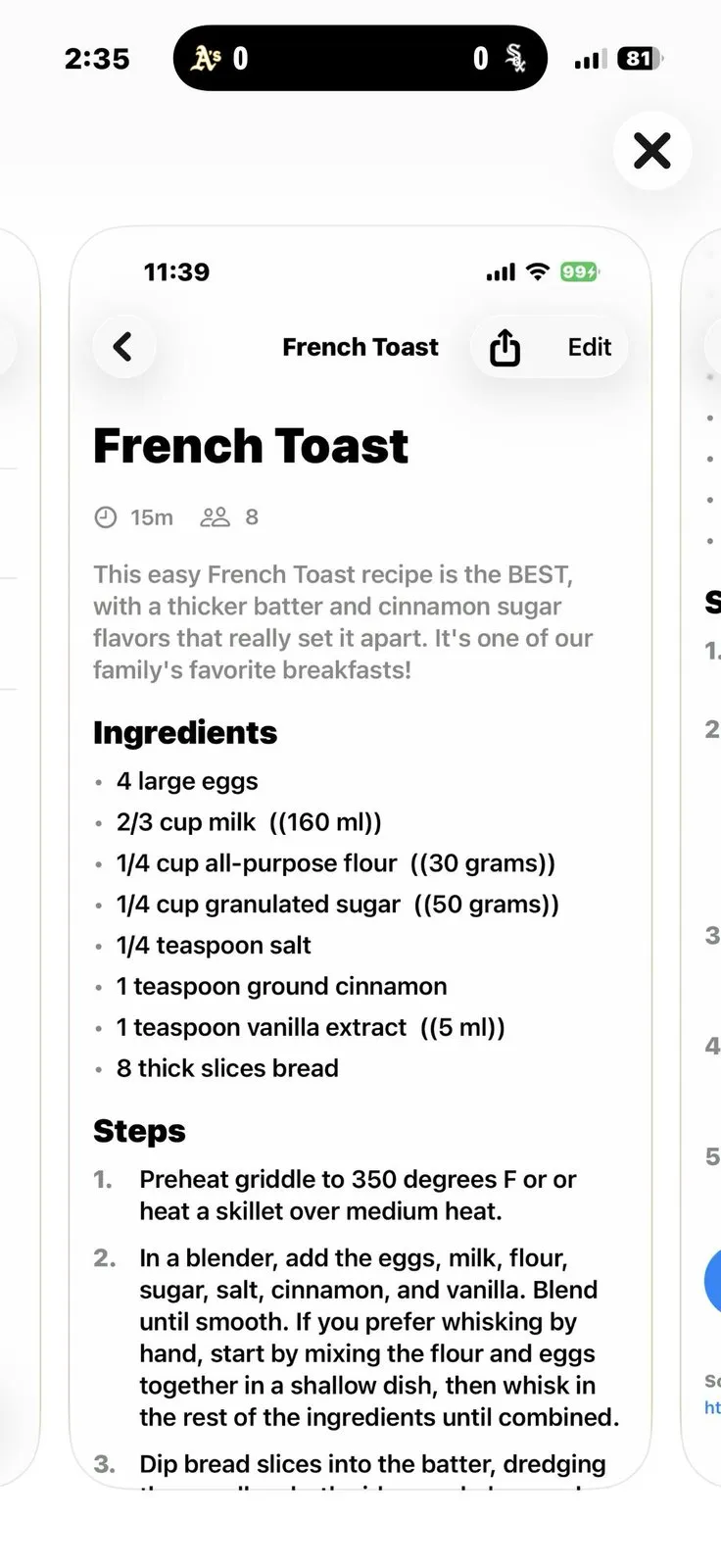A Recipe Catcher recipe card for French Toast showing a 15 minute cook time, 8 servings, a short description, an ingredients list with metric conversions, and numbered steps, with an Edit button and a Source link