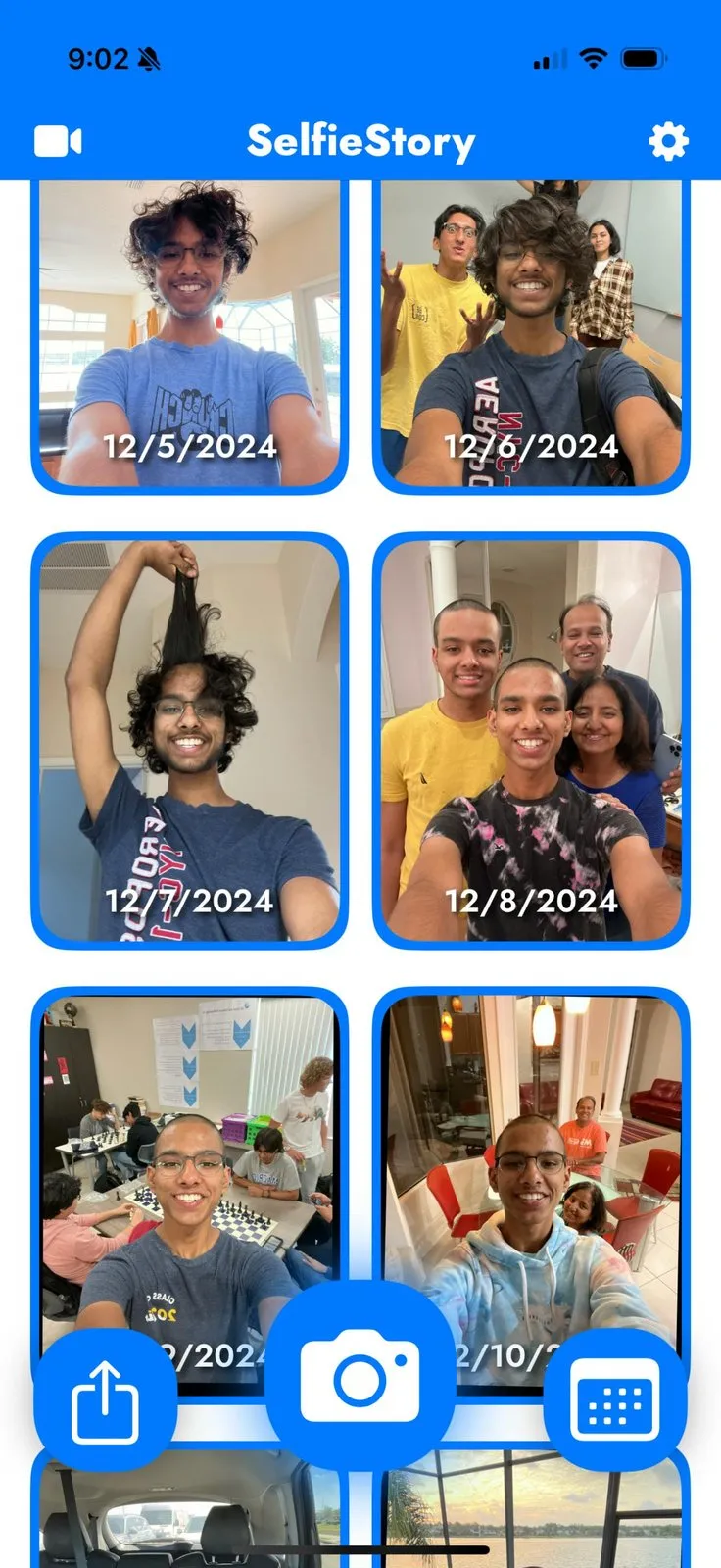 SelfieStory's home screen showing a scrollable grid of daily selfies, each stamped with its date from 12/5/2024 through 12/10/2024, with a camera capture button, a share button, and a calendar button along the bottom