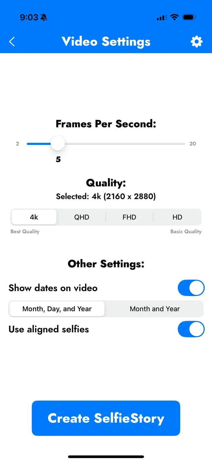 SelfieStory's Video Settings screen: a Frames Per Second slider set to 5, a Quality selector with 4k (2160 x 2880) chosen, a Show dates on video toggle, and a Use aligned selfies toggle switched on, above a Create SelfieStory button