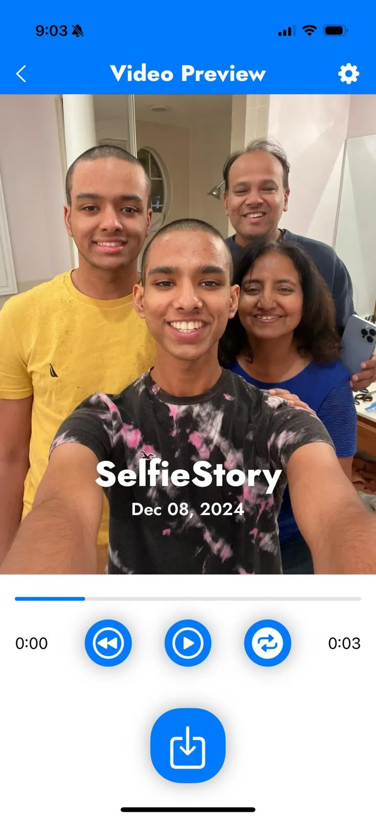 SelfieStory's Video Preview screen playing the finished timelapse, with the SelfieStory title and the date Dec 08, 2024 overlaid on the photo and playback controls showing a 0:03 length
