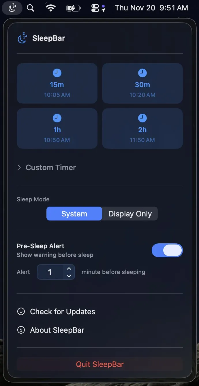 SleepBar's menu bar dropdown in dark mode: preset buttons for 15 minutes, 30 minutes, 1 hour and 2 hours with the time each one ends, a collapsed Custom Timer row, a Sleep Mode switch set to System with Display Only as the other choice, and a Pre-Sleep Alert toggle set to 1 minute before sleeping
