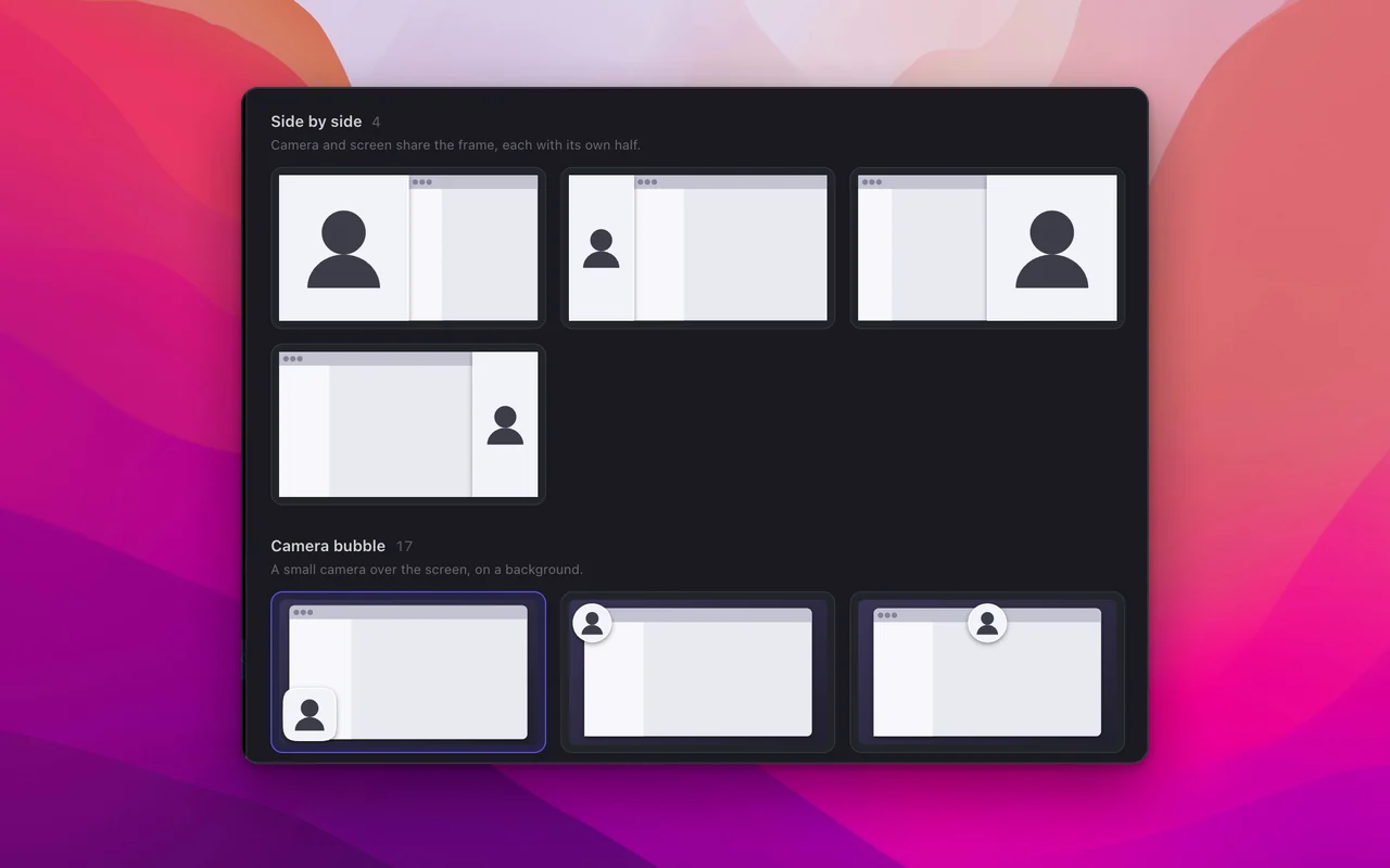 SmoothCut's layout picker on a pink and purple wallpaper, showing four Side by side presets where camera and screen each take half the frame, and a Camera bubble section with 17 presets placing a small camera over the screen.