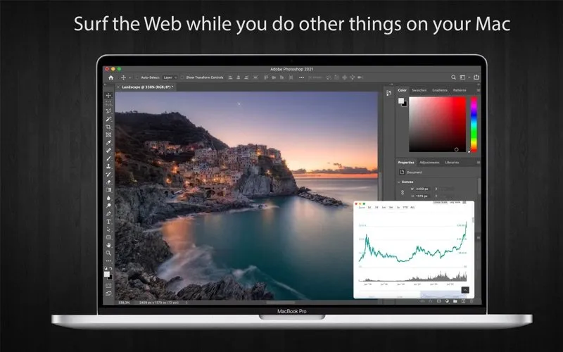 A MacBook Pro running Photoshop 2021 with a landscape photo open, and a small Surf window showing a price chart floating over the bottom right of the Photoshop canvas