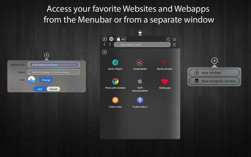 Surf's menu bar popover in dark mode: a grid of saved sites with custom icons such as Music Playlist, Social Media, Movies Stream and Swift documentation, an iOS user agent button and an address field at the top. Beside it, the Add form with Website link, Name and Icon fields, and a menu offering New window and New incognito window
