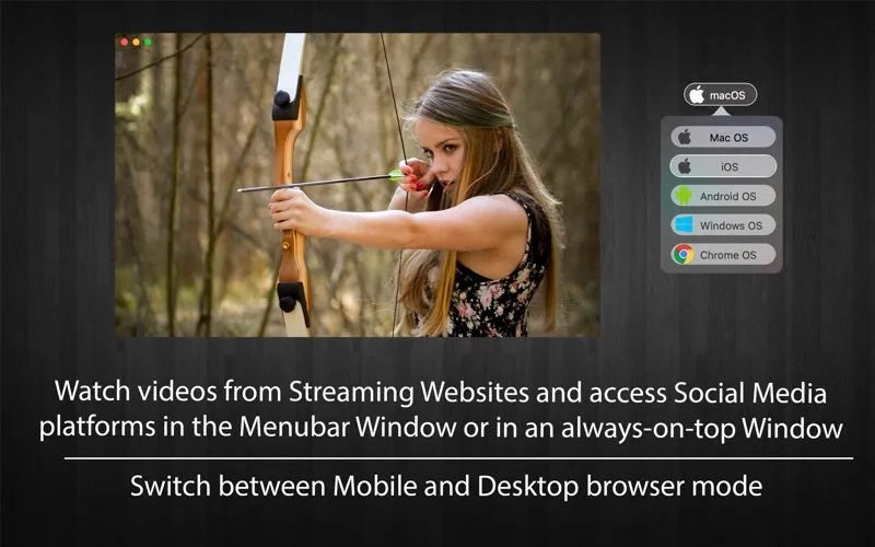 A floating Surf window playing a video next to a menu listing Mac OS, iOS, Android OS, Windows OS and Chrome OS, with the caption Switch between Mobile and Desktop browser mode