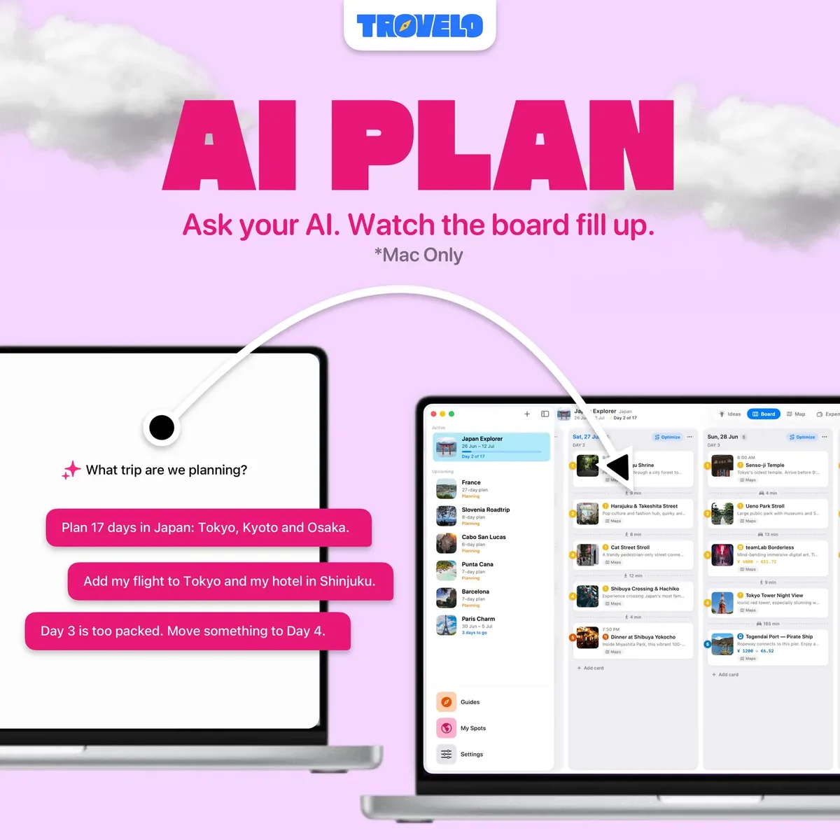 Trovelo promotional image headed AI Plan, Mac only: an AI chat asks what trip are we planning, with requests to plan 17 days in Japan, add a flight and hotel, and move something off a packed day, next to a MacBook showing the filled Trovelo board
