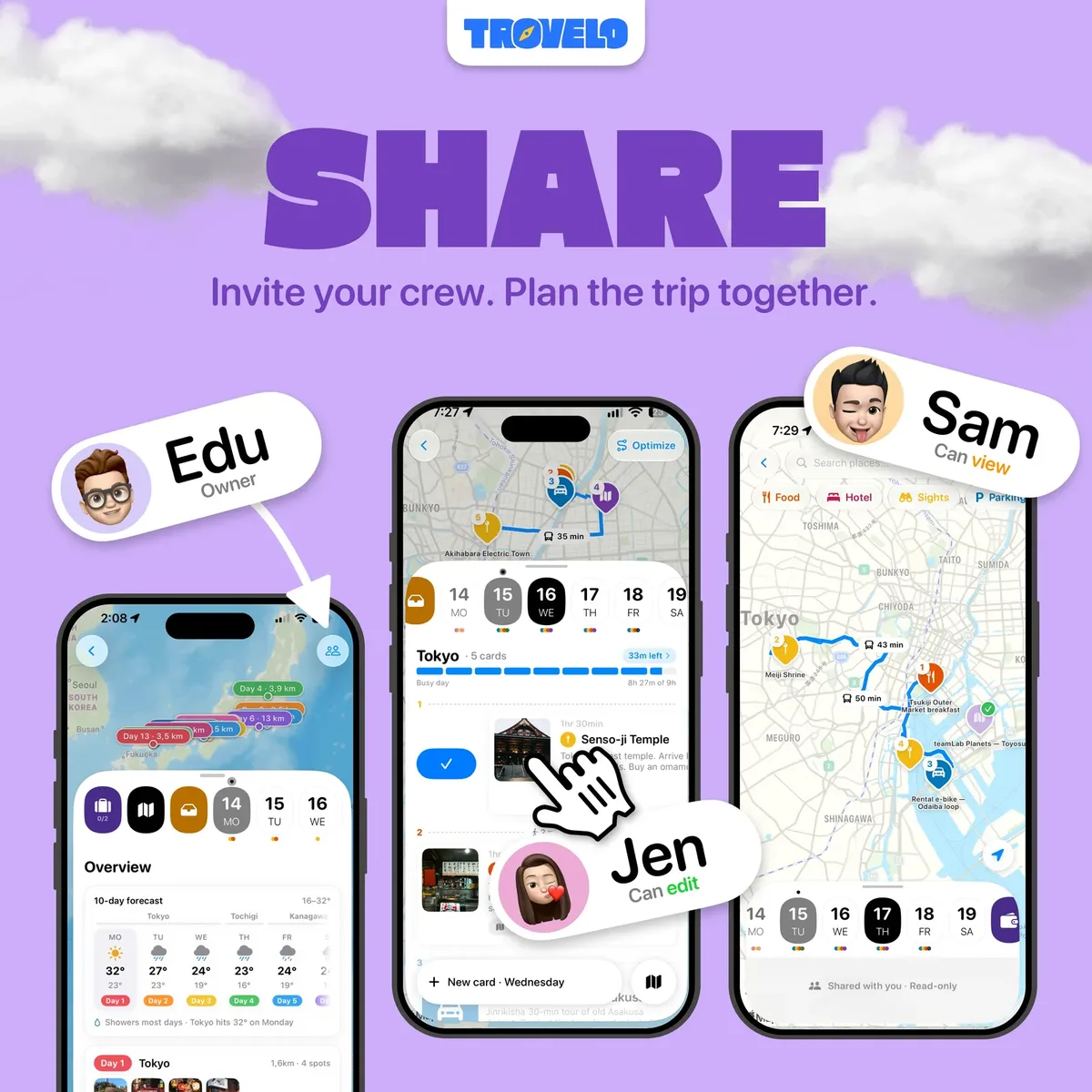 Trovelo promotional image headed Share, invite your crew, plan the trip together: three iPhones show the same Tokyo trip board, with the owner Edu, Jen marked Can edit and Sam marked Can view
