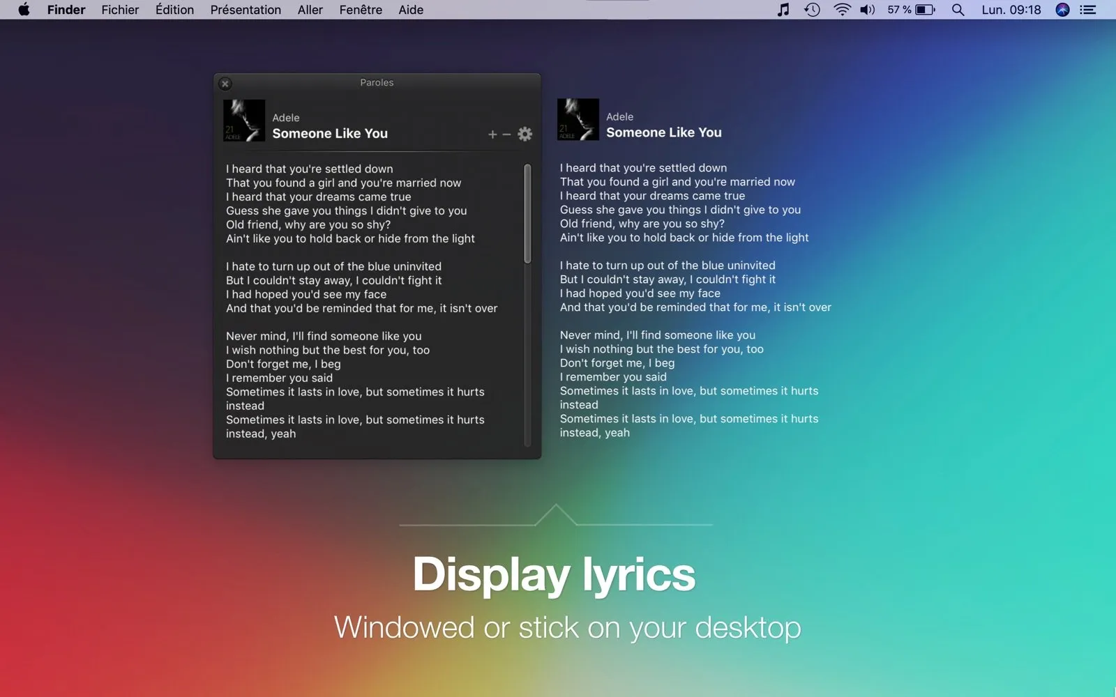 Two TunesArt lyrics displays on a gradient desktop: on the left a dark window with the song's cover thumbnail, artist and title, add, remove and settings buttons, and the full lyrics; on the right the same lyrics drawn directly on the wallpaper, under the heading Display lyrics, windowed or stick on your desktop