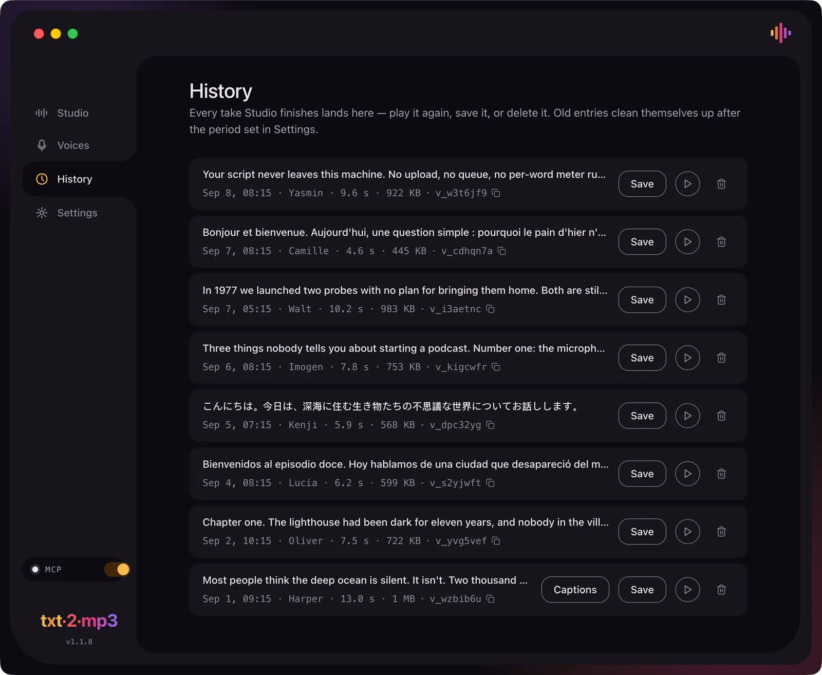 The txt2mp3 History panel listing eight past takes, each with its opening line, date, voice name, duration, file size and voice ID, with Save, play and delete buttons, and a note that old entries clean themselves up after the period set in Settings