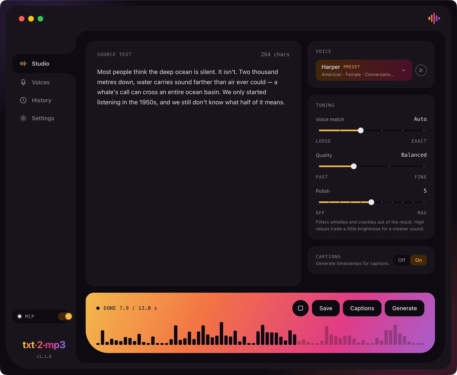 The txt2mp3 Studio window: a source text pane with a 264 chars counter, a Harper preset voice selector, tuning sliders for voice match, quality and polish, a captions switch set to on, and a waveform player showing DONE 7.9 of 13.0 seconds with Save, Captions and Generate buttons